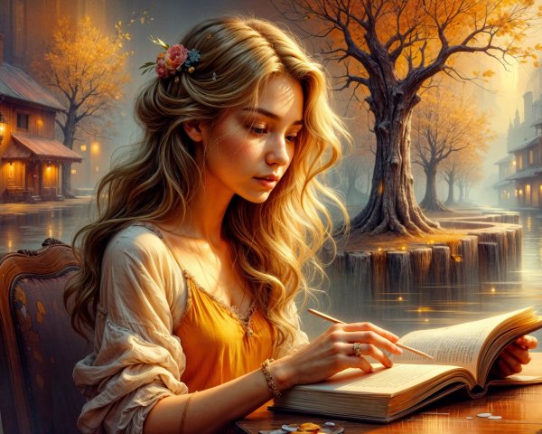 Young woman reading by a lakeside in autumn setting