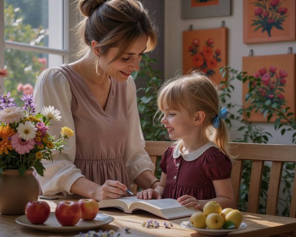 Mother and Daughter Reading Together at a Wooden Table
