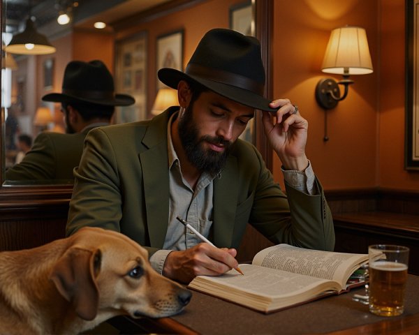 Man in Olive Jacket Reads at Café with Dog
