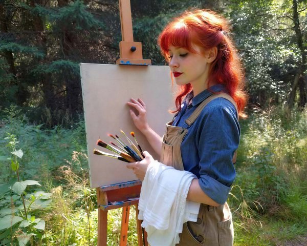Woman with red hair in denim shirt near canvas in woods