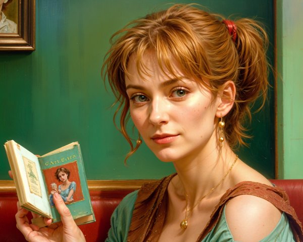 Young woman with book against green wall backdrop