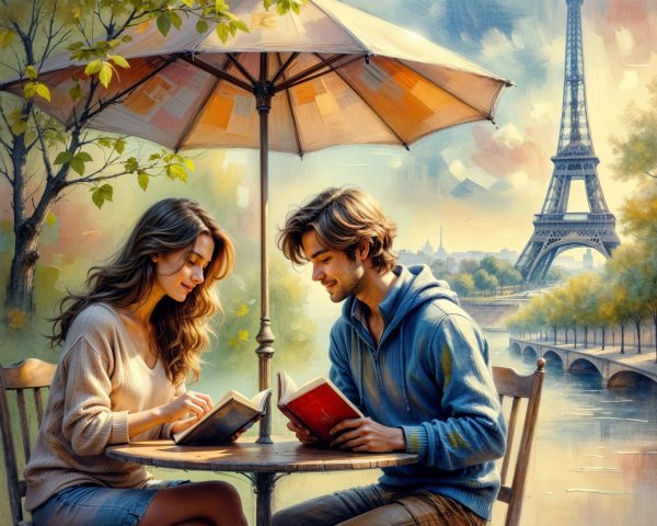 Couple Reading at Café with Eiffel Tower View