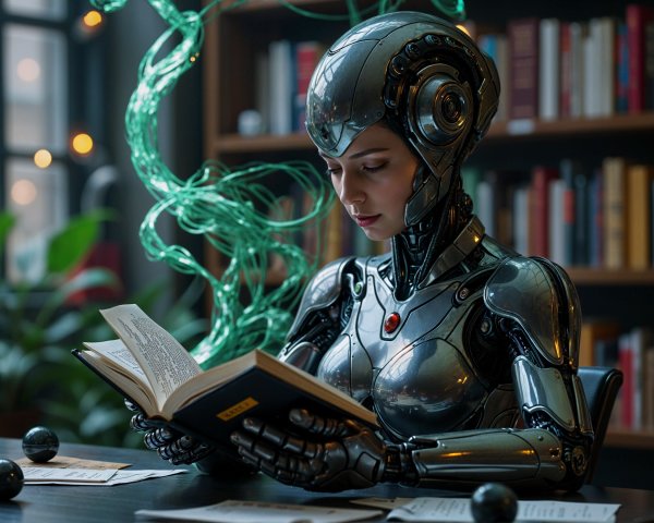 Futuristic Robot Reading in a Cozy Library Setting