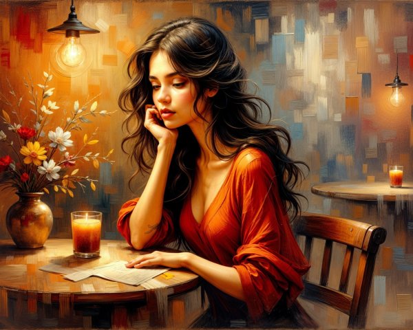 Young Woman in Cozy Café with Flowers and Candle