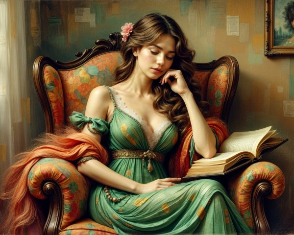 Serene Woman in Floral Armchair Reading a Book
