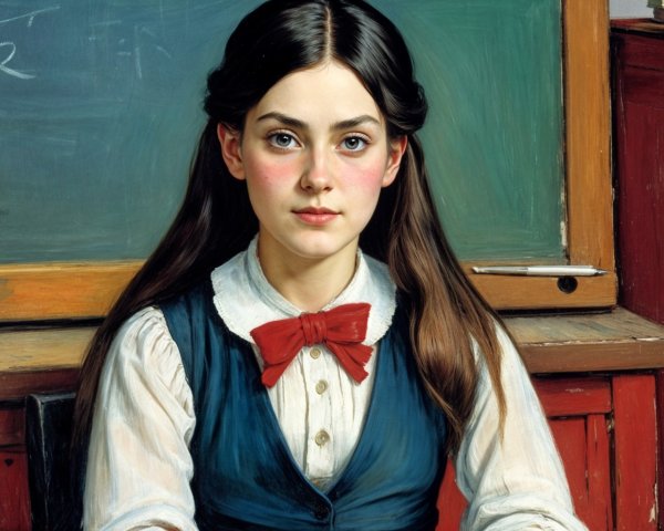 Young girl in classroom with vintage decor and attire