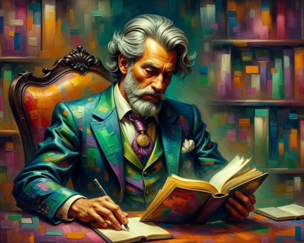 Gentleman in Vibrant Suit Reading in Ornate Armchair
