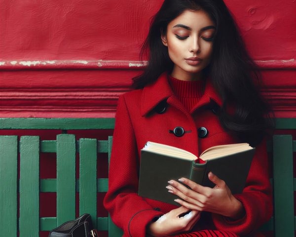 Woman Reading on a Teal Bench with Colorful Background