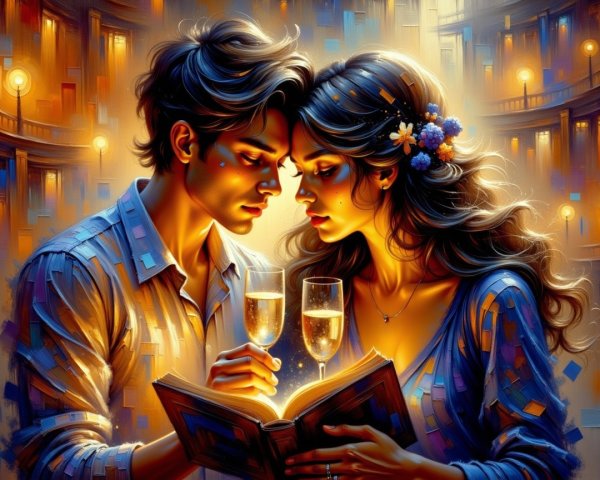 Romantic Couple in Elegant Venue with Champagne and Book