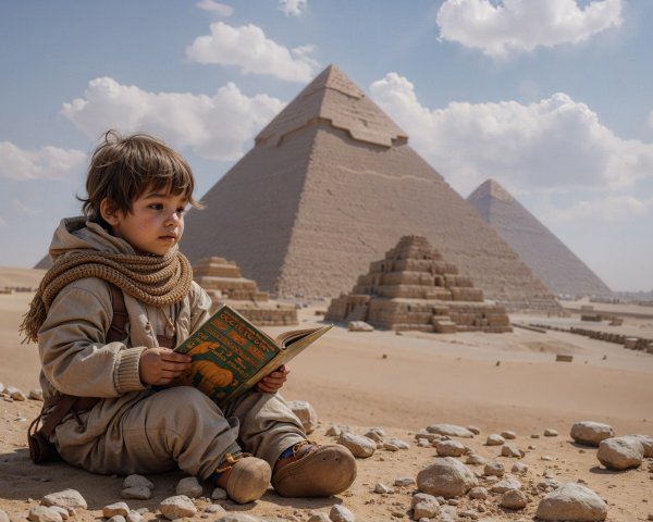 Child Reading in Front of Egyptian Pyramids
