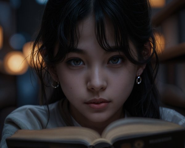 Young girl with dark hair and blue eyes reading a book
