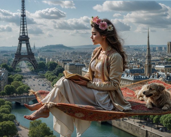 Serene Woman on Flying Carpet Over Paris Landscape