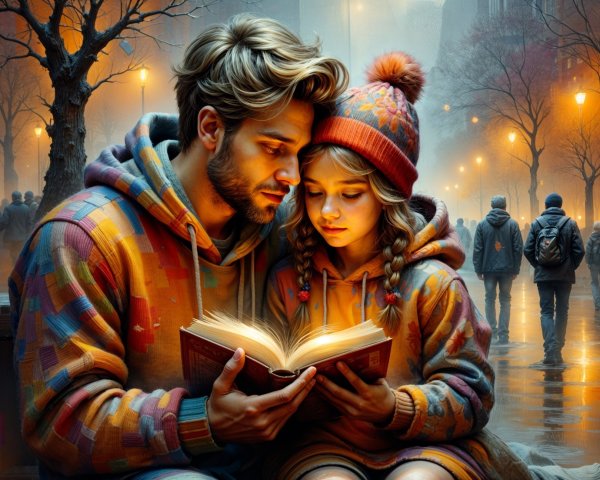 Man and girl reading on a bench in urban setting
