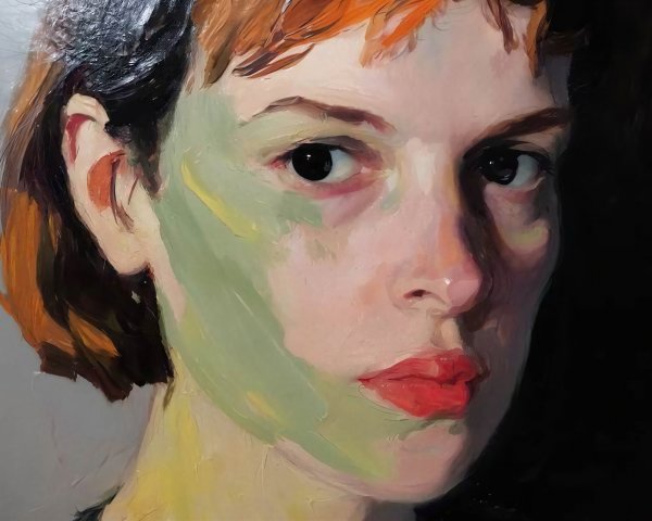 Close-up Oil Painting of Young Woman with Masked Face
