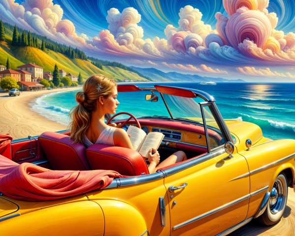 Woman Reading in Yellow Convertible by Scenic Beach
