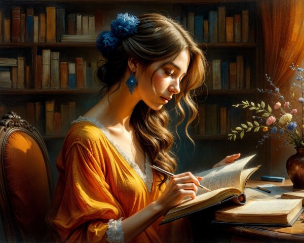Young Woman Reading in Cozy Library Setting