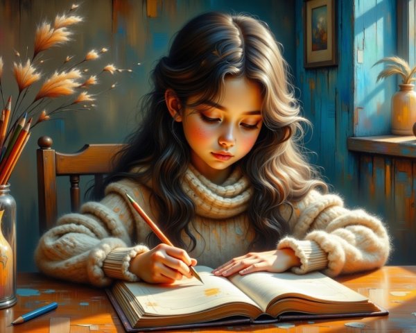 Young girl writing at a table with sunlight and art supplies