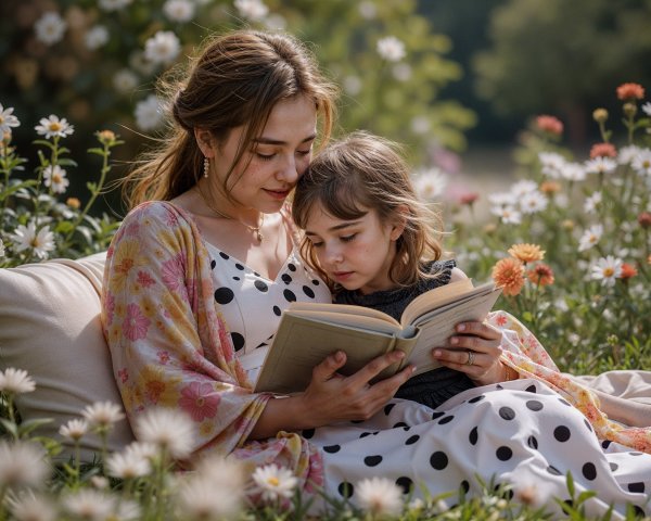 Mother and daughter reading in a flower field