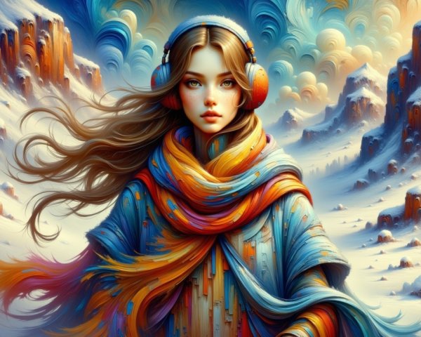 Young woman in vibrant mountain landscape with headphones