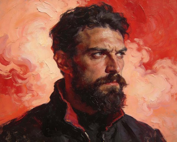 Portrait of a Stern Dark-Haired Man in Oil Painting