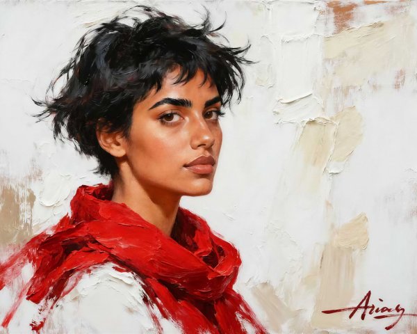 Oil Painting of a Young Woman with Red Scarf
