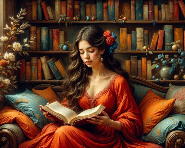 Young Woman Reading on a Cozy Couch in Vibrant Dress