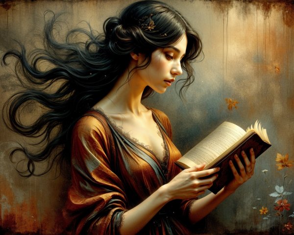 Young woman in gown reading with autumn leaves