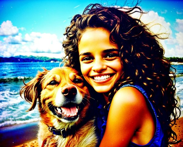 Young girl hugs golden retriever on sunny beach