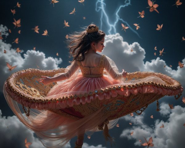 Young girl dancing on a flying carpet in a stormy sky