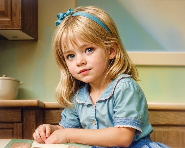 Young girl in blue dress at a wooden table in kitchen