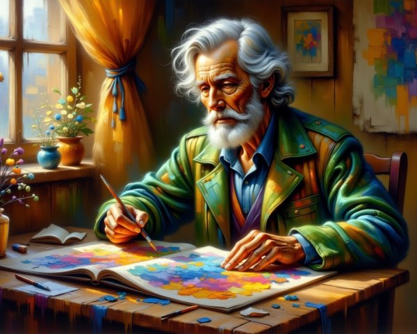 Elderly Man Assembles Puzzle in Cozy Sunlit Room