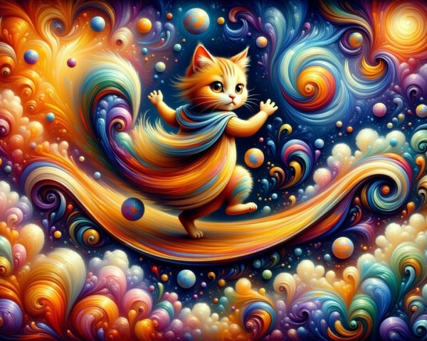 Whimsical Cosmic Scene with Colorful Cat and Planets