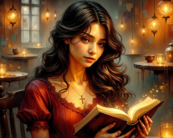 Cozy Room with Young Woman Reading by Candlelight