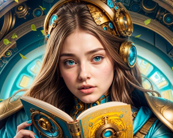 Young woman in futuristic outfit with ornate book