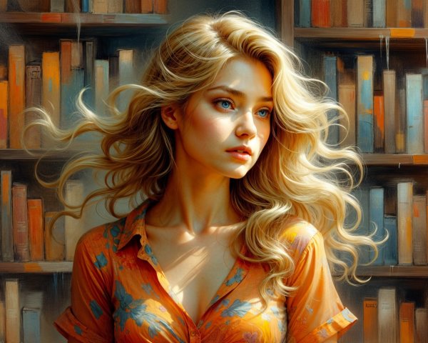 Young woman in orange shirt in a library setting