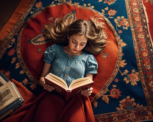 Young girl reading on a colorful patterned rug
