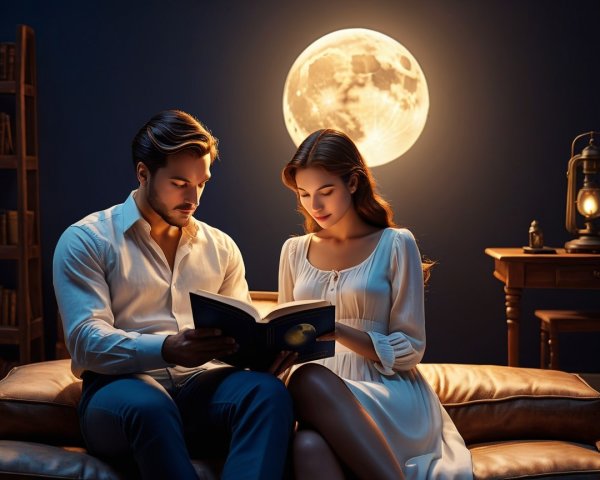 Romantic Indoor Reading Scene with Moonlight Fixture