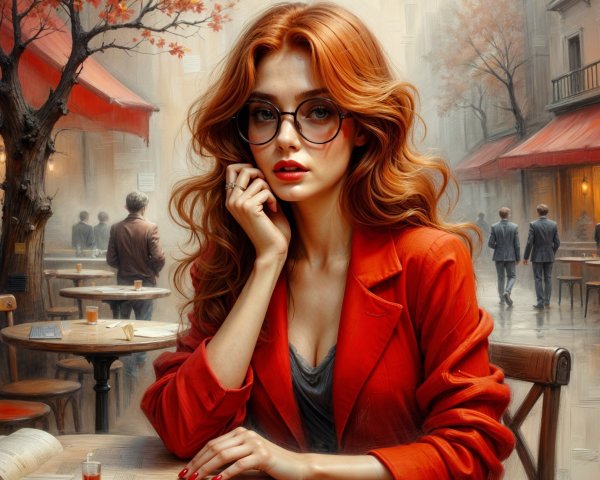 Young Woman in Red Blazer at Café Table in Autumn