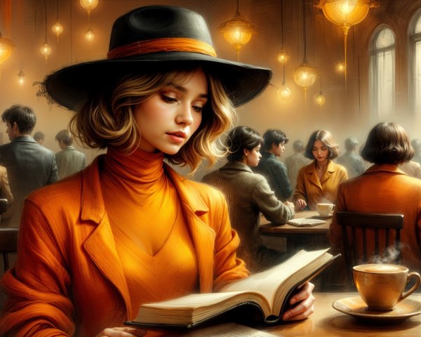 Cozy café scene with a woman reading a book