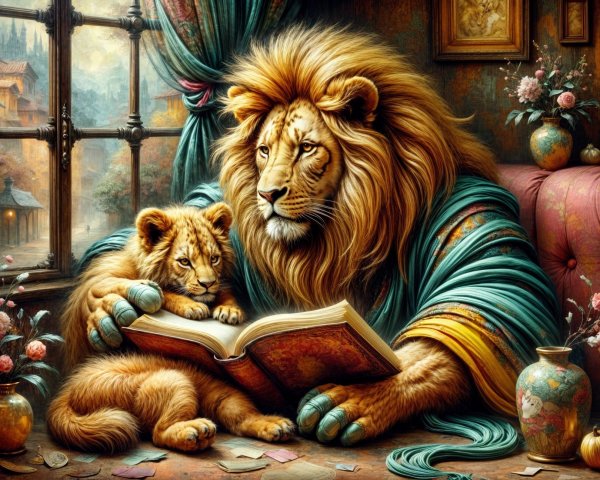 Lion and Cub Reading Together in Cozy Room