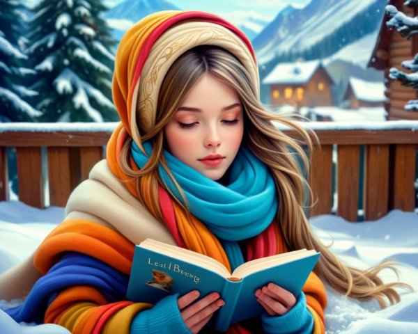 Young woman reading in a snowy winter landscape