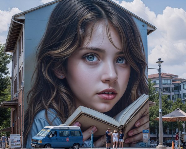 Mural of a girl with blue eyes and oversized book