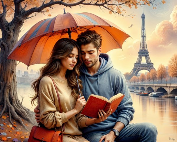 Couple Reading Under Umbrella by Seine River in Autumn