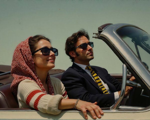 Vintage Convertible Car with Two People Under Clear Sky