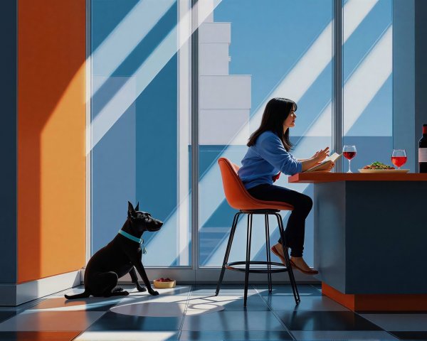 Black Dog on Tiled Floor with Woman at Orange Bar