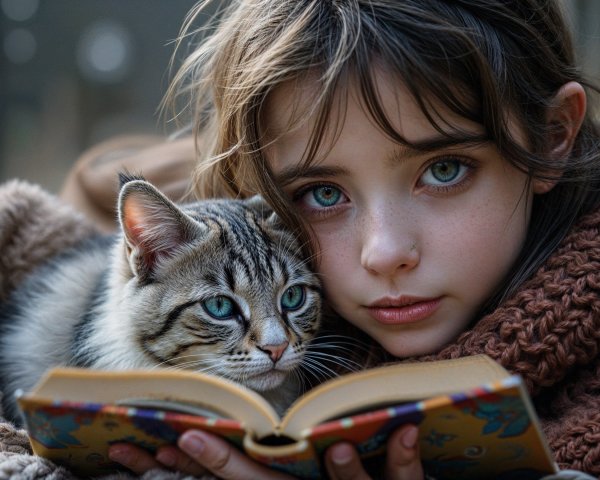 Young girl with blue eyes cuddles tabby cat while reading