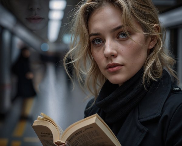 Young woman reading in dim subway station setting
