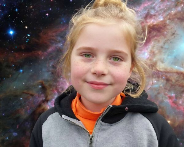 Young girl in gray hoodie with nebula background