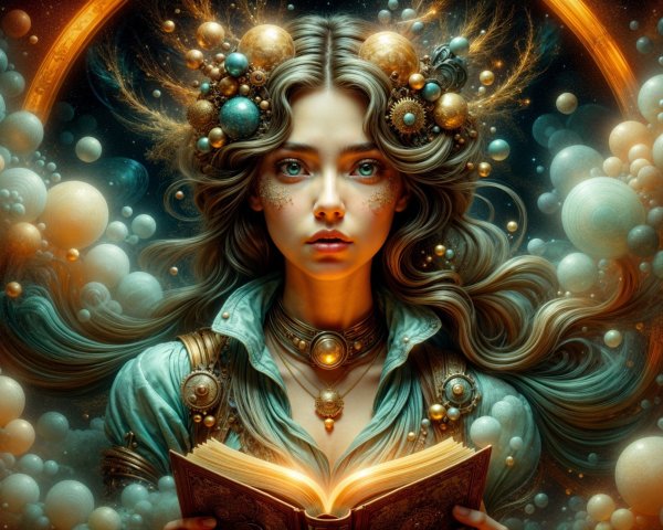 Mystical Young Woman with Celestial Orbs and Book