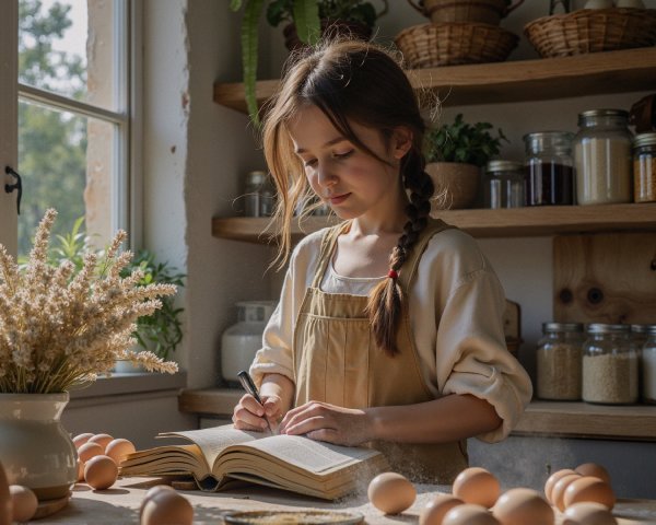 Young girl writing at rustic kitchen table with sunlight